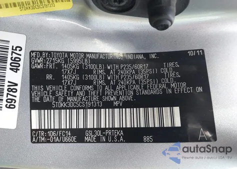 2012 Toyota Sienna Le V6 8 Passenger z USA, uszkodzony, nr VIN 5TDKK3DC5CS191313